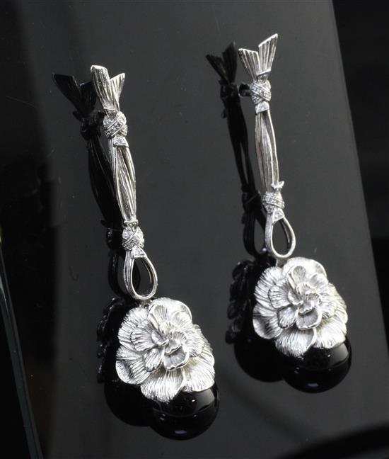 A modern pair of Carrera Y Carrera 18ct white gold, diamond and black onyx drop earrings, 2in.